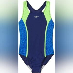 Speedo Girls Racerback Sport Splice One Piece Swimsuit, Blue & Neon Green Size M